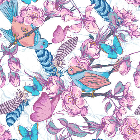 Vintage garden spring seamless pattern. Pink flowers blooming branches of cherry, apple trees, peach birds, feathers and butterflies, Vector botanical illustration.のイラスト素材