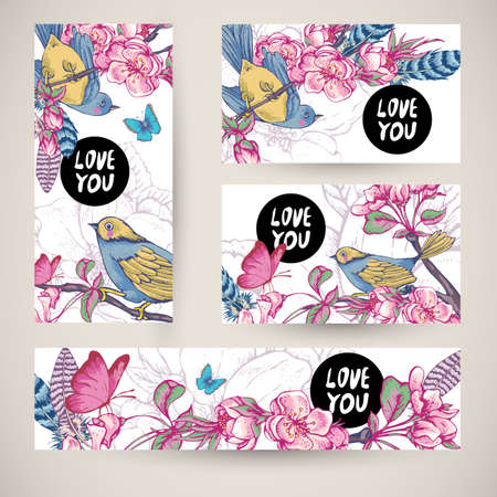 Vintage templates set spring greeting card. Pink flowers blooming branches of cherry, apple trees, peach birds and butterflies, Love you vector botanical illustration. Floral design elementsのイラスト素材
