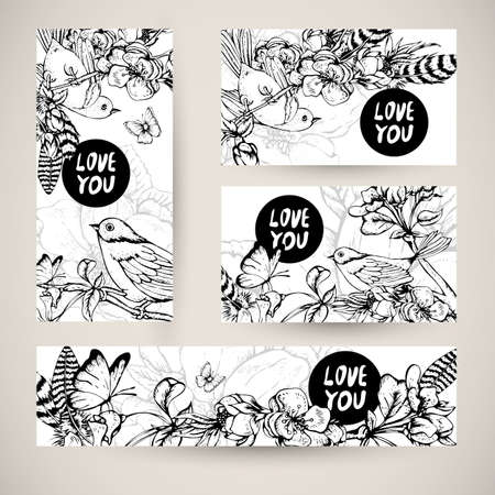Vintage templates set spring greeting card. Blooming branches of cherry, apple trees, peach birds and butterflies, Love you vector botanical illustration. Floral design elementsのイラスト素材