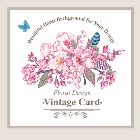 Vintage garden spring greeting card. Blooming branches of cherry, apple trees, peach and butterflies, vector botanical illustration. Floral design elementsのイラスト素材