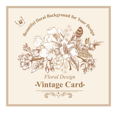 Vintage garden spring greeting card. Blooming branches of cherry, apple trees, peach and butterflies, vector botanical illustration. Floral design elementsのイラスト素材
