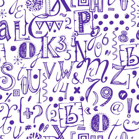 Dark Blue Vintage Vector Alphabet, Hand Drawn Font Doodle Seamless Pattern, Letters illustrationのイラスト素材