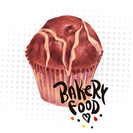 Hand drawn vector baking set isolated on a white background, muffins with chocolate Retro pencil food illustrationのイラスト素材