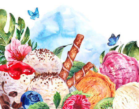 Tropical hand painting summer watercolor natural eco food background with balls of ice cream and berries, exotic greeting cardの写真素材
