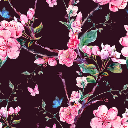 Natural spring watercolor seamless pattern with flowers apricot tree branches, isolated decorative botanical illustration with flowers, and butterflies on blackの写真素材