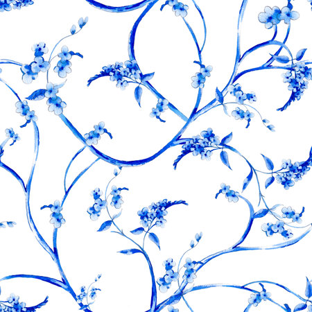 Blue watercolor flower vintage seamless pattern with branches and leaves, natural wallpaper, floral decoration curl illustrationの写真素材