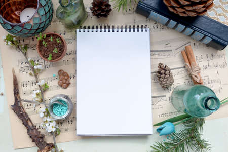 Turquoise spring  mock up on vintage musical notes background with natural style decorations pine cones, book, fir branch, bottle, spring flowers, white paper. Natural vintage mock up.の写真素材