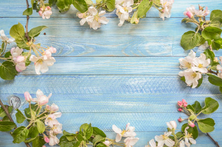Rustic wood background with natural style decorations spring white blossom. Background space for text. Natural blue border background vintage mock up.の写真素材
