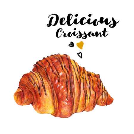 Hand drawn homemade delicious croissant dessert. Isolated organic food illustration on white background. Vintage pencil food illustrationの写真素材
