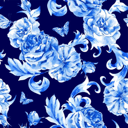 Summer vintage seamless pattern blue roses and butterflies in boho style, natural greeting card, decoration blue roses, nature flower on dark backgroundのイラスト素材