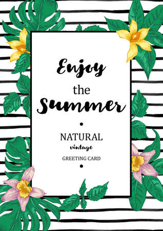 Vintage Exotic Greeting Card with Tropical Leaves, Vector Floral Botanical illustration on striped backgroundのイラスト素材