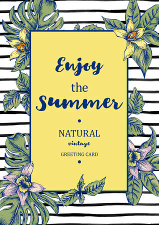 Vintage Exotic Greeting Card with Tropical Leaves, Vector Floral Botanical illustration on striped backgroundのイラスト素材