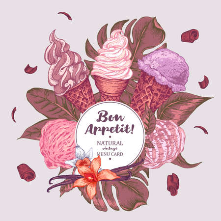 Tropical vector summer natural vintage food background with soft Italian fruit ice cream, summer exotic retro Bon appetit menu cardのイラスト素材