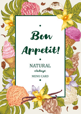 Menu fruit ice cream guest card. Tropical summer colorful flowers orchid and vanilla. Bon appetit vintage vector food illustration.のイラスト素材
