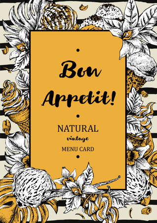 Menu fruit ice cream guest card. Tropical summer gold flowers orchid and vanilla. Bon appetit vintage vector food illustration on striped background.のイラスト素材