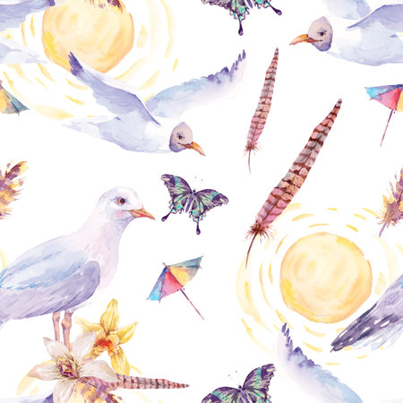 Summer watercolor seamless pattern with sea gull, flowers, exotic butterflies and feathers painted...
