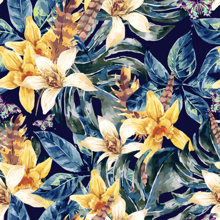 Vintage floral seamless pattern, tropical green leaves and exotic flowers, butterflies, feathers,...