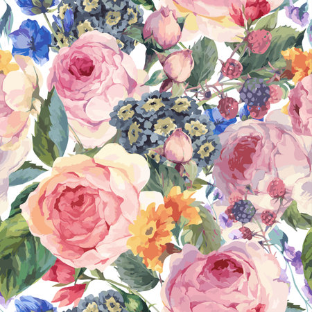 Classical vector vintage floral seamless pattern, watercolor bouquet of English roses and wildflowers, botanical natural watercolor illustration on black backgroundのイラスト素材