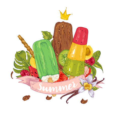 Tropical vector summer natural eco food background with fruit ice cream, summer natural exotic menu cardのイラスト素材