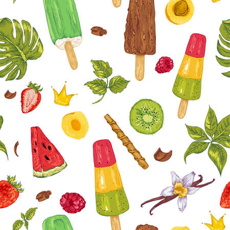 Tropical vector summer natural eco food seamless pattern with fruit ice cream, summer natural exotic menu cardのイラスト素材
