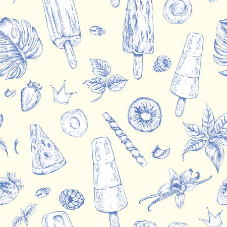 Tropical vector summer natural eco food seamless pattern with fruit ice cream, summer natural exotic menu cardのイラスト素材