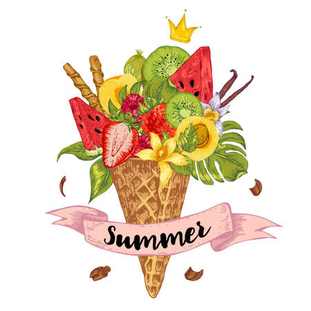 Summer vector hand drawn greeting card with a fruity cocktail in waffle cone, flowers isolated natural illustration, Berries in waffle conesのイラスト素材