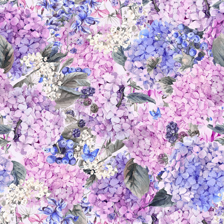 Summer Watercolor Vintage Floral seamless pattern with Blooming Hydrangea and garden flowers,...