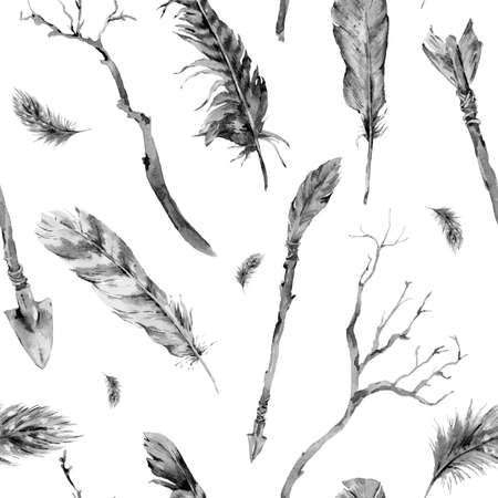Watercolor monochrome seamless pattern in boho style with branches, arrows and feathers, sprigs, Natural watercolor summer design boho elements, Black and whiteの写真素材