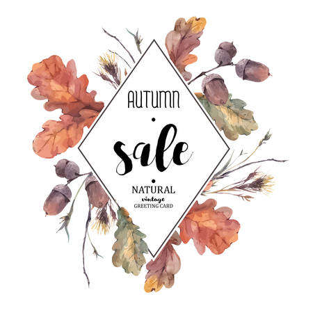 Autumn vintage bouquet of twigs, yellow oak leaves and acorns. Botanical illustrations. Sale card. Isolated on white backgroundのイラスト素材