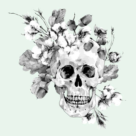 Skull and twigs, cotton flower, yellow oak leaves monochrome, Illustration Day of The Deadのイラスト素材