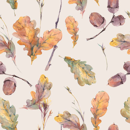 Watercolor autumn vintage bouquet of twigs, yellow oak leaves and acorns. Botanical watercolor seamless patternの写真素材