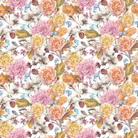 Vintage watercolor autumn seamless pattern with twigs, cotton flower, yellow oak leaves,...