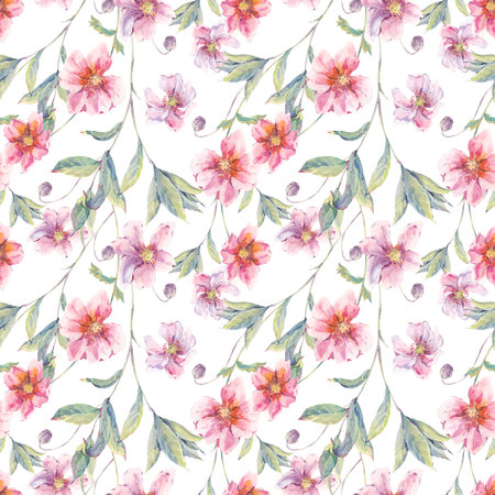 Watercolor vintage floral seamless background with pink wildflowers and twigs, natural botanical watercolor illustrationの写真素材