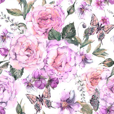 Classical vintage floral seamless background with roses, wildflowers and butterfly, botanical natural illustration in watercolor styleのイラスト素材