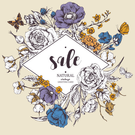 Vintage floral vector discount card. Roses, anemones, butterfly and wildflowers. Botanical natural anemones and roses sale banner. Nature monochrome vintage floral frame saleのイラスト素材