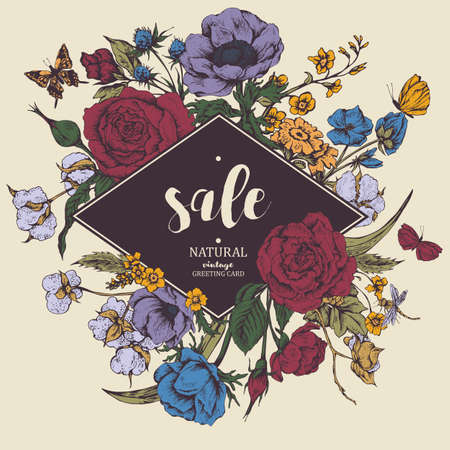 Vintage floral vector discount card. Roses, anemones, butterfly and wildflowers. Botanical natural anemones and roses sale banner. Nature vintage floral frame saleのイラスト素材