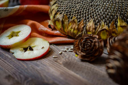 Rural vintage autumn red apples, sunflower, pine cones, orange and apple slices on a rustic wooden background, natural fall style decorations. Natural plenteous border background vintage mock up.の写真素材