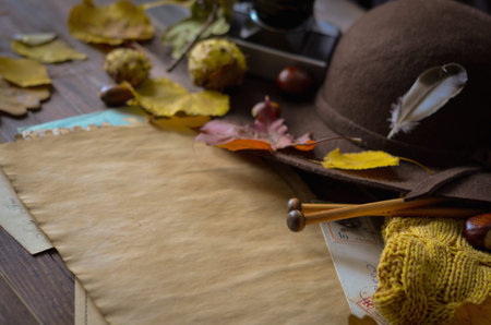 Vintage autumn frame with yellow, red leaves, chestnuts, hat, camera, knitting needles and retro envelopes on rustic wooden background.の写真素材