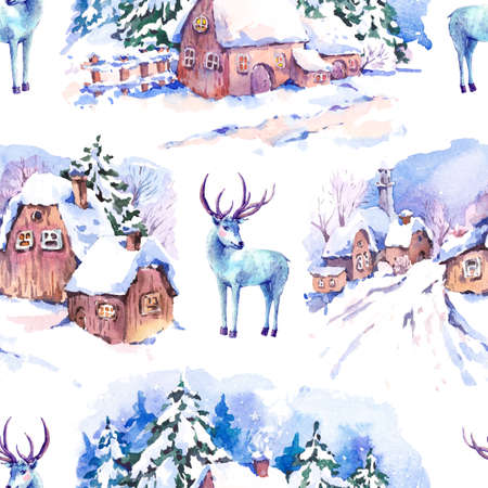 Winter countryside watercolor seamless background. Fairytale winter watercolor illustration. Vintage hand painted landscape card with old houses and deer.の写真素材