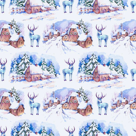 Winter countryside watercolor seamless background. Fairytale winter watercolor illustration. Vintage hand painted landscape card with old houses and deer.の写真素材
