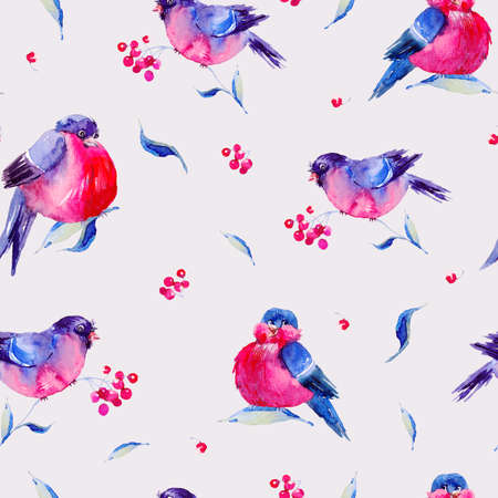 Winter vintage watercolor seamless pattern with bullfinches. Holiday Christmas design elements. Christmas collectionの写真素材