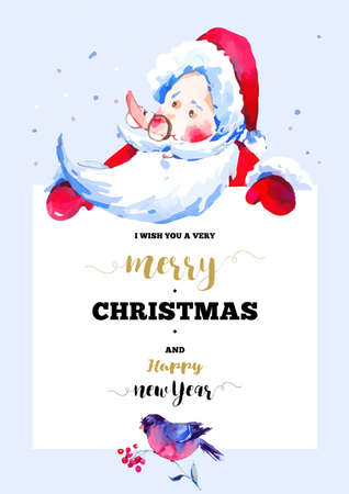 Vintage vertical frame vector card with cute Santa Claus, Fairytale winter illustration in watercolor styleのイラスト素材