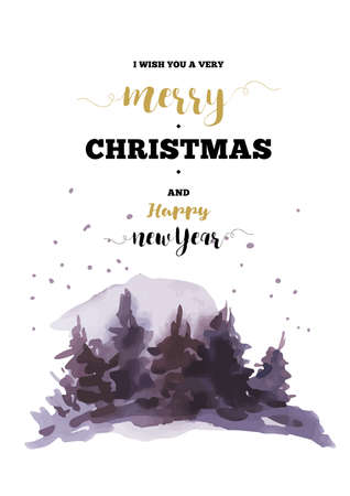 Vintage Christmas vertical frame vector card with cozy countryside winter landscape. Fairytale winter illustration in watercolor style.のイラスト素材