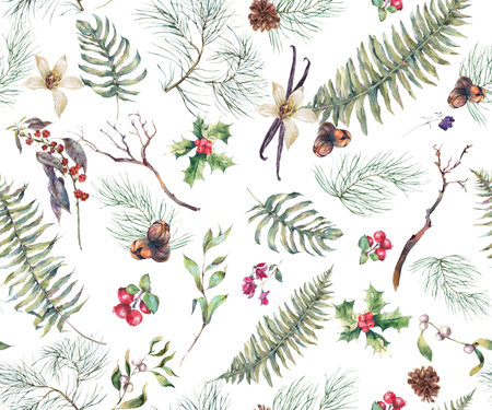 Vintage Floral Seamless Background, New Year Decoration with Fern Leaves, Pine Branches, Nuts, Fir...