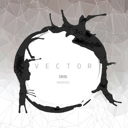 Vector Ink drawing, hand painted round frame, abstract background, ink spots and stainsのイラスト素材