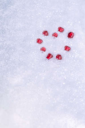 Winter heart of pomegranate grains on the snow background. Cozy winter nature scene with pomegranate seed in the snow. Abstract blurred background. Copy space, Selective focus, tonedの写真素材