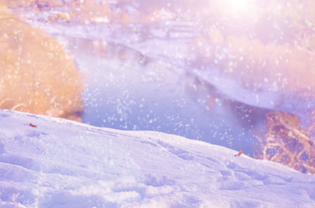 Winter snow magic landscape. Cozy winter nature scene with snow and sun flare. Abstract blurred...