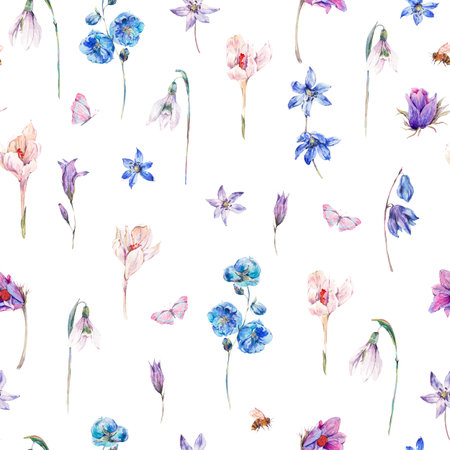 Watercolor spring seamless background with blue wildflowersの写真素材