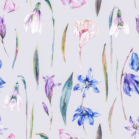 Watercolor spring seamless background with blue wildflowersの写真素材