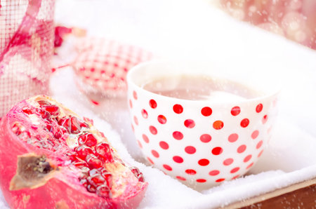 Vintage Heart, Hot Cup of Tea on the Snow, Red Teapotの写真素材